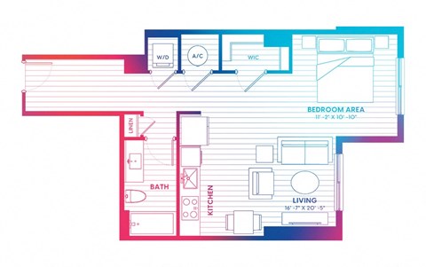 Floor plan for studio, 1 bath, 640 sqft
